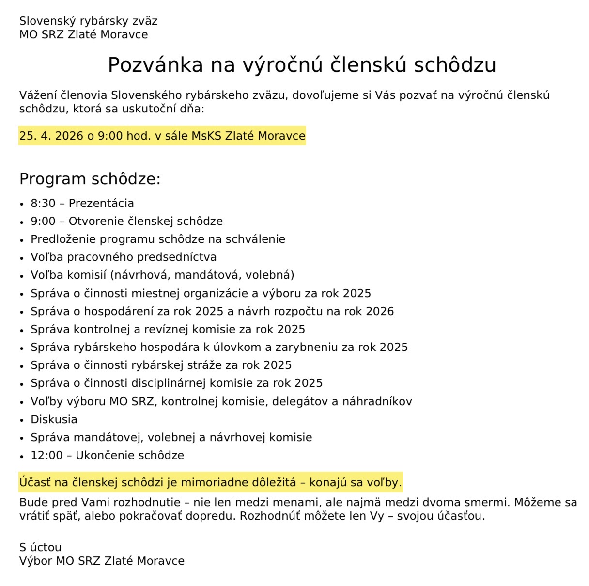 Členská schôdza a voľby 2026